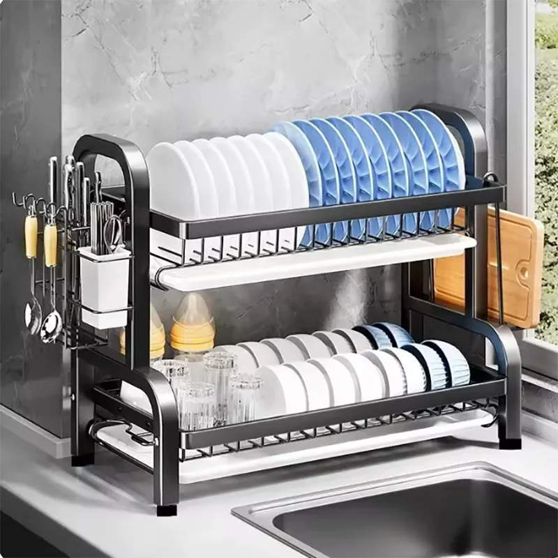 Dish Drying Rack 2-Tier Compact Kitchen Dish Rack Drainboard Set Large Rust-Proof Dish Drainer with Utensil Holder