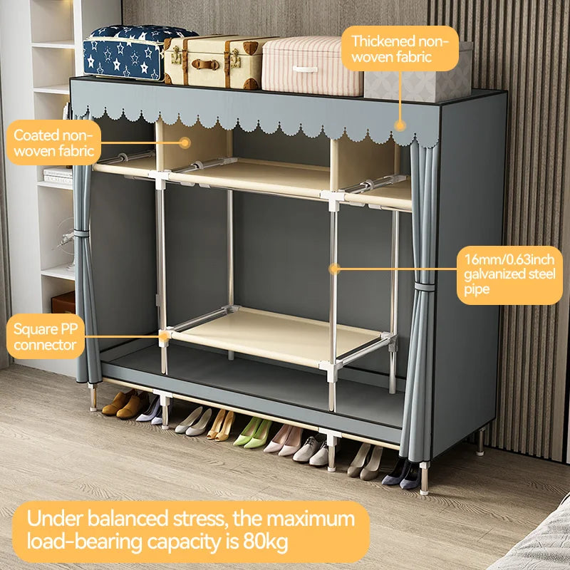 Spacious Wardrobe with Dustproof Cover - Durable Steel Frame - Ideal for Bedroom, Dorm, Entryway Organization