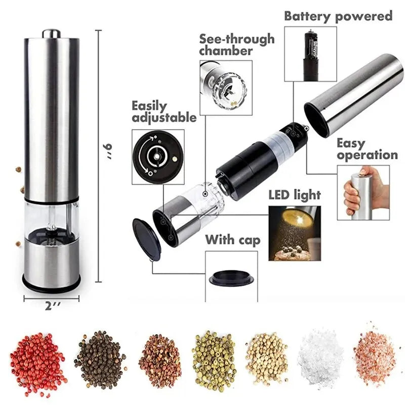 Stainless Steel Electric Pepper Grinder Spices Sea Salt Kitchen Outdoor Barbecue Seasoning Coarser Adjustment Cooking Tools